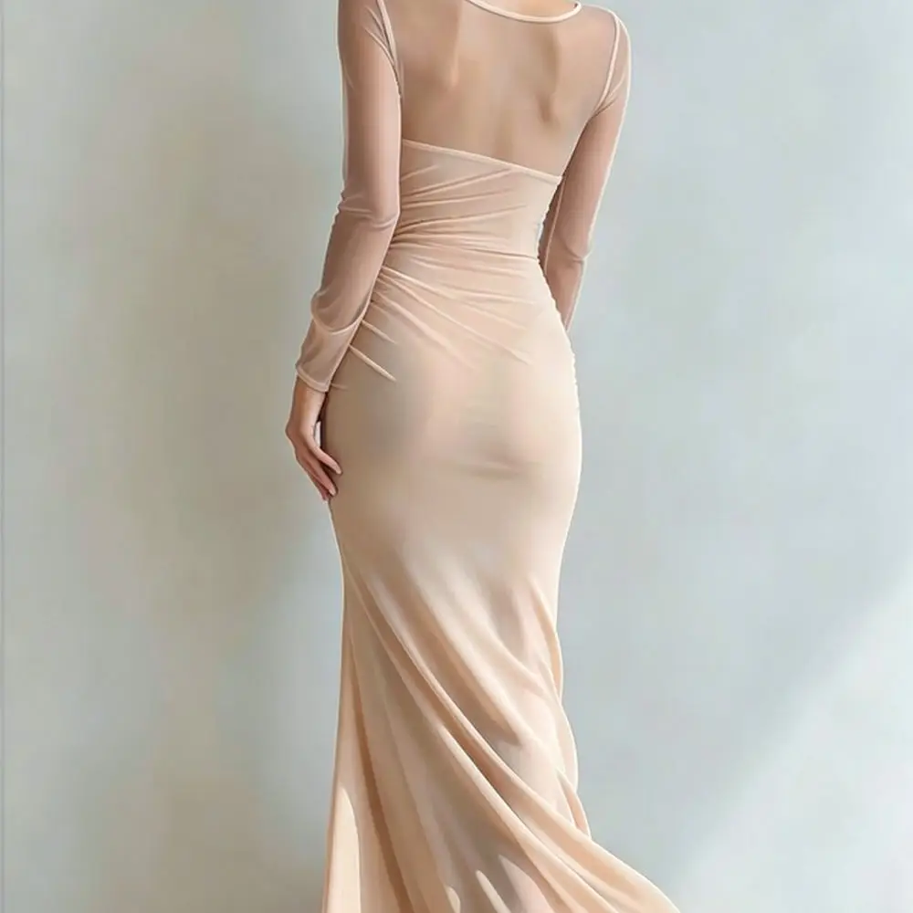 Elegant Pleated Bodycon Maxi Dress Women Long Sleeve High Split Slim Fit Formal Evening Gowns Sophisticated Banquet Wear