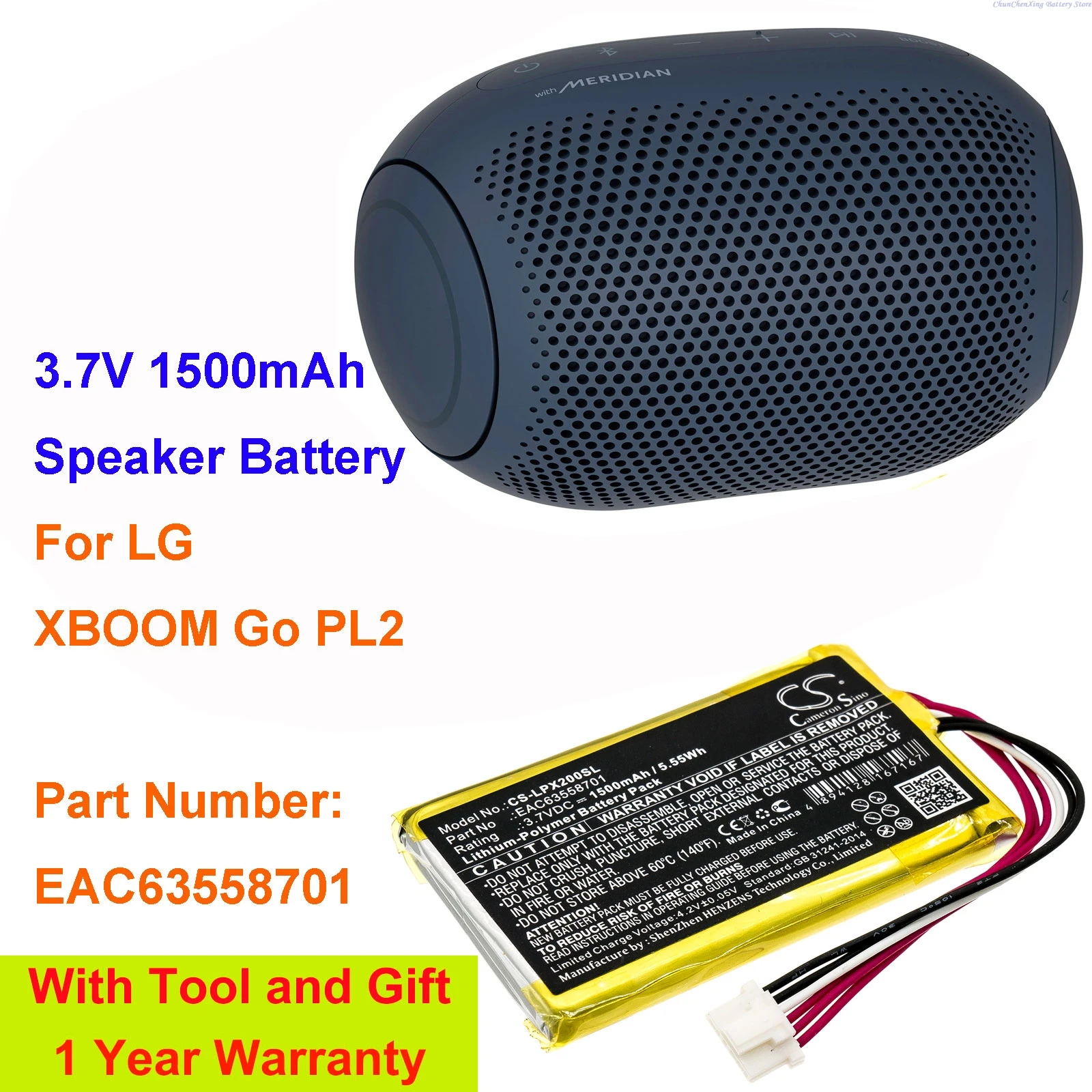 OrangeYu 3.7V 1500mAh Speaker battery EAC63558701 for LG XBOOM Go PL2 +TOOL