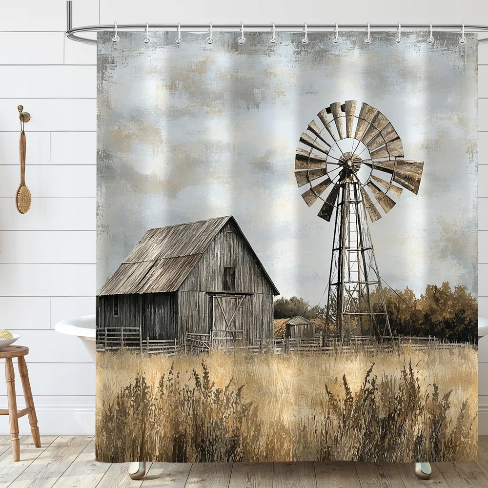 Rural Pastoral Scenery Shower Curtains ,Village Windmill and Canggu Farm Printing Bathroom Home Decoration Curtain With Hooks