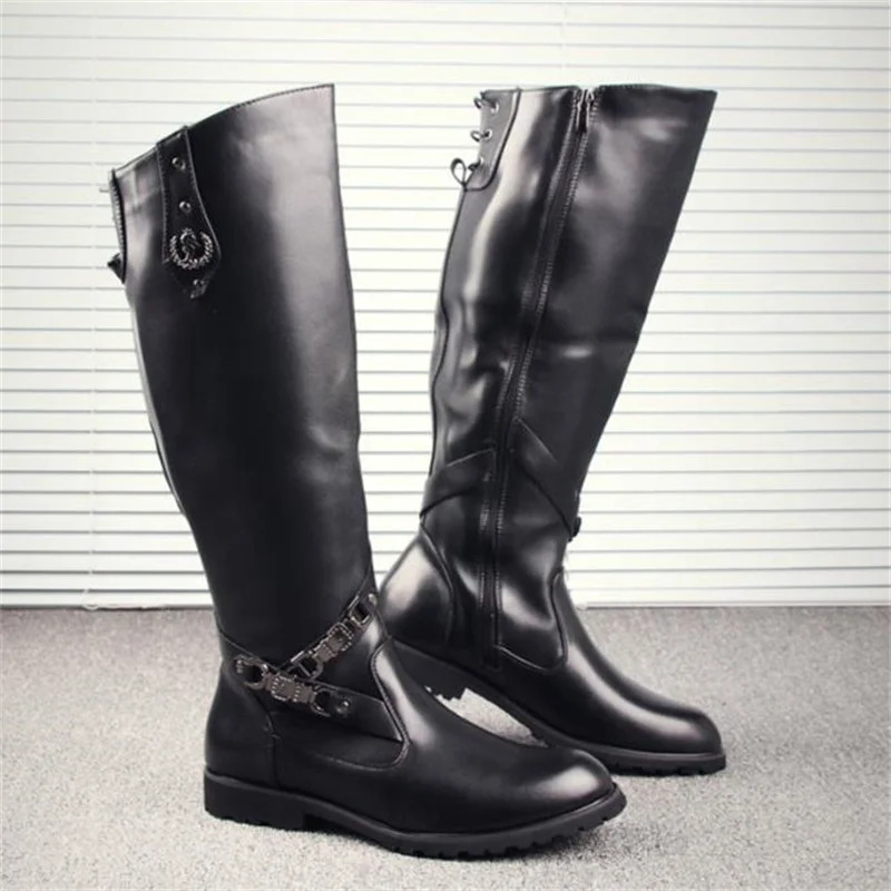 Mens Black Over Knee High Boots Cow Leather Long Waterproof Snowboots Equestrian Motocycle Boots Zipper outdoor nightclub boots