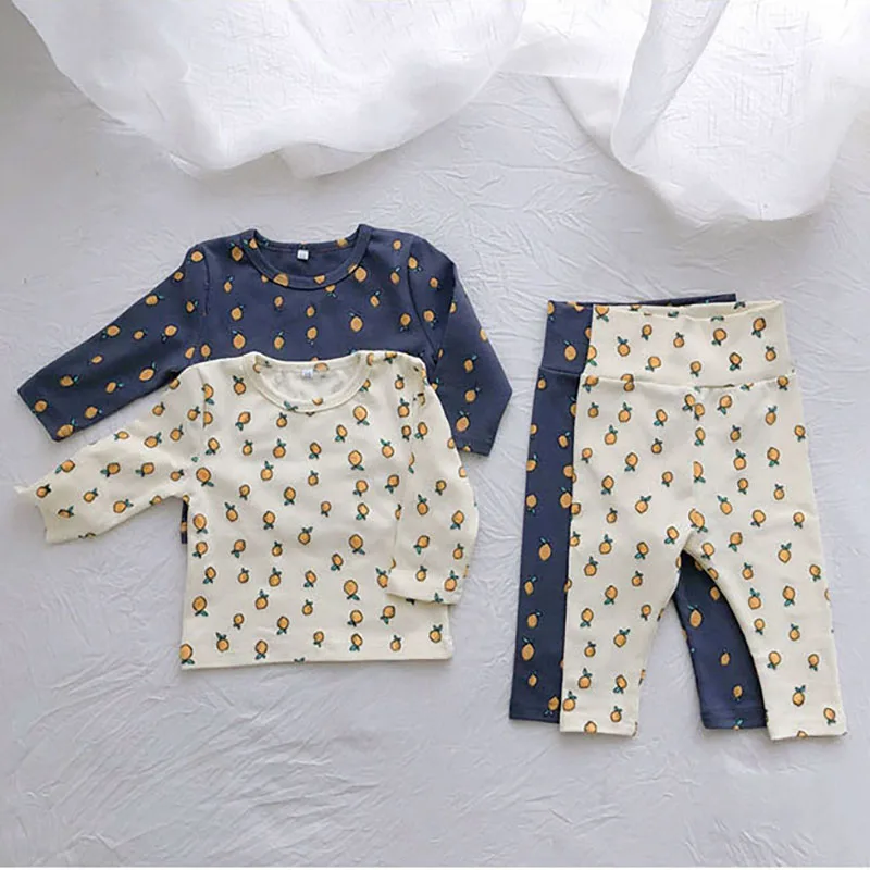 ﻿   Conjunto de pijamas de otoño para bebé de 0 a 3 años, ropa de dormir con estampado de limón para niñas, 2 uds., ropa interior para niños, ropa de hogar con protección del vientre de cintura alta