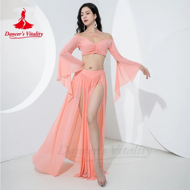 

Belly Dance Costume Set for Women Mesh Long Sleeves Top+long Skirt 2pcs Training Suit Oriental Group Training Belly Dancing Wear