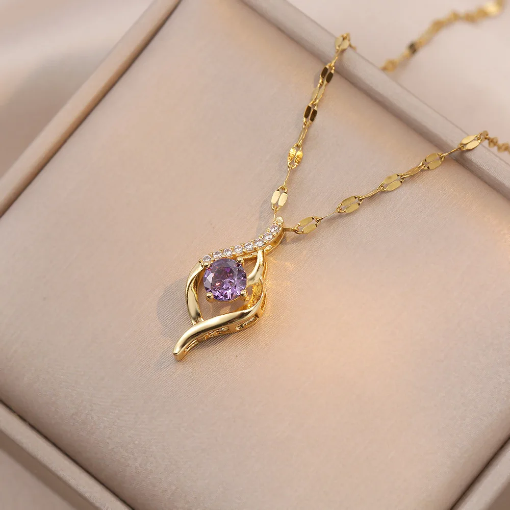 Elegant Stainless Steel Chain Classic Purple Stone Pendant Necklace for Women Lady Vintage Jewelry Daily Party Accessories Gifts