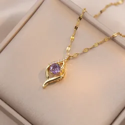 Elegant Stainless Steel Chain Classic Purple Stone Pendant Necklace for Women Lady Vintage Jewelry Daily Party Accessories Gifts