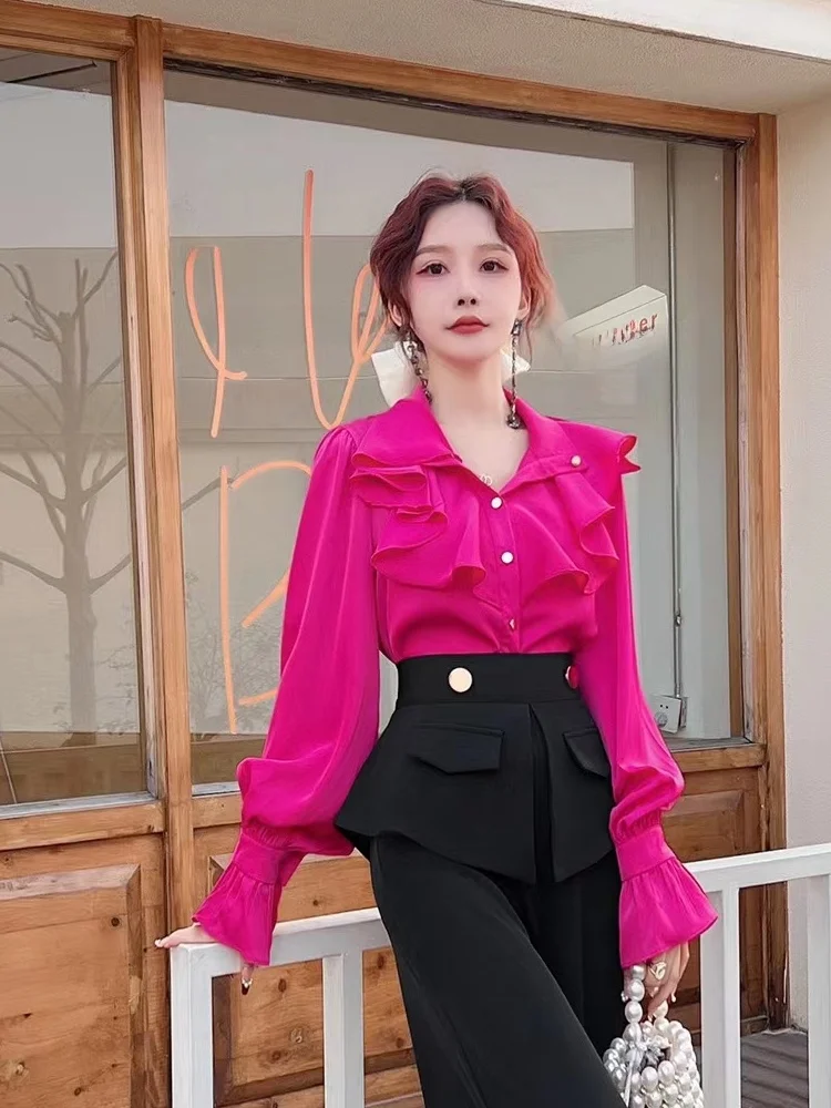 

Ele Pink Lantern Sve irt Design Spring 2025 Women's Faion High-End Feelings Long Sve Loose Fit Polyester Triace...