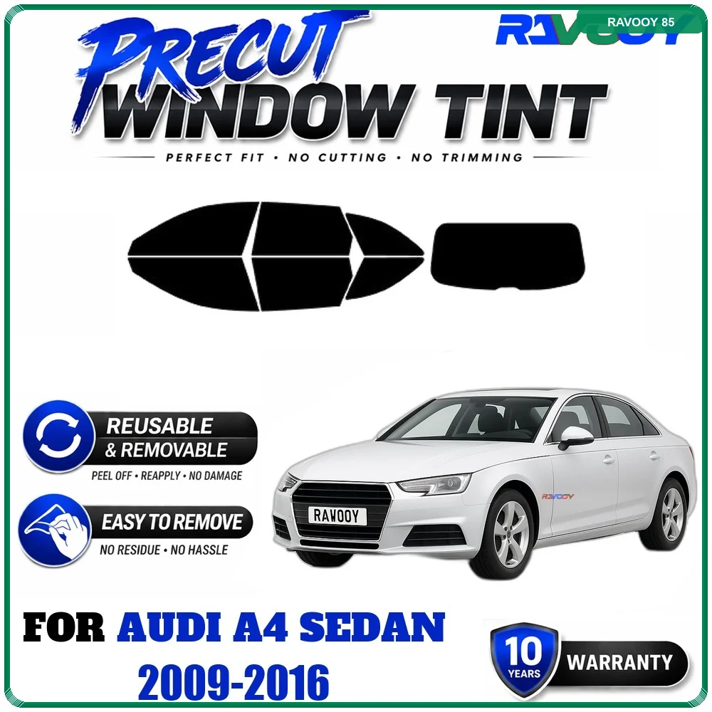 RAVOOY Precut Window Tint, Reusable Removable EPU Film, Custom Fit for Audi A4 Sedan 2009-2016, UV Heat Protection