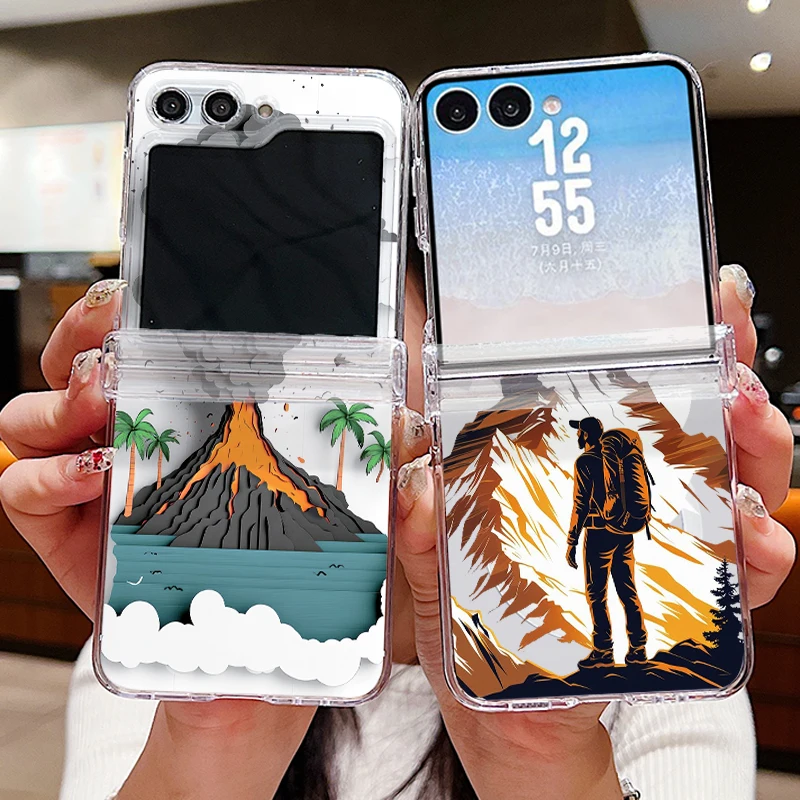 Volcano Highway Pattern Magnetic Phone Case For Samsung Galaxy Z Flip 7 FE 6 5 4 Flip7 Flip6 Shockproof Hard Folding Clear Cover