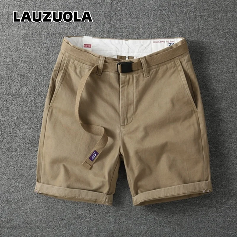 Men's Casual Cargo Shorts With Belt Solid Khaki Cotton Twill Chino Shorts Summer Workwear Short Pants For Male Daily Streetwear