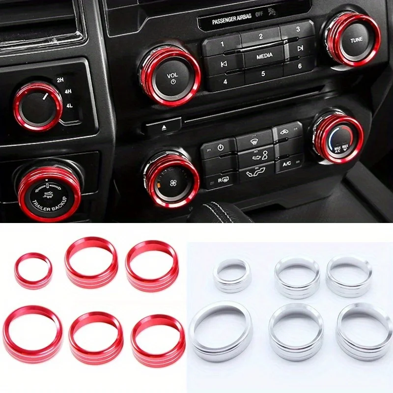 6pcs Aluminum Alloy Car Inner Air Conditioner Trailer 4WD Switch Knob Ring Cover Trim For Ford F150 XLT 2016 2017 2018 2019