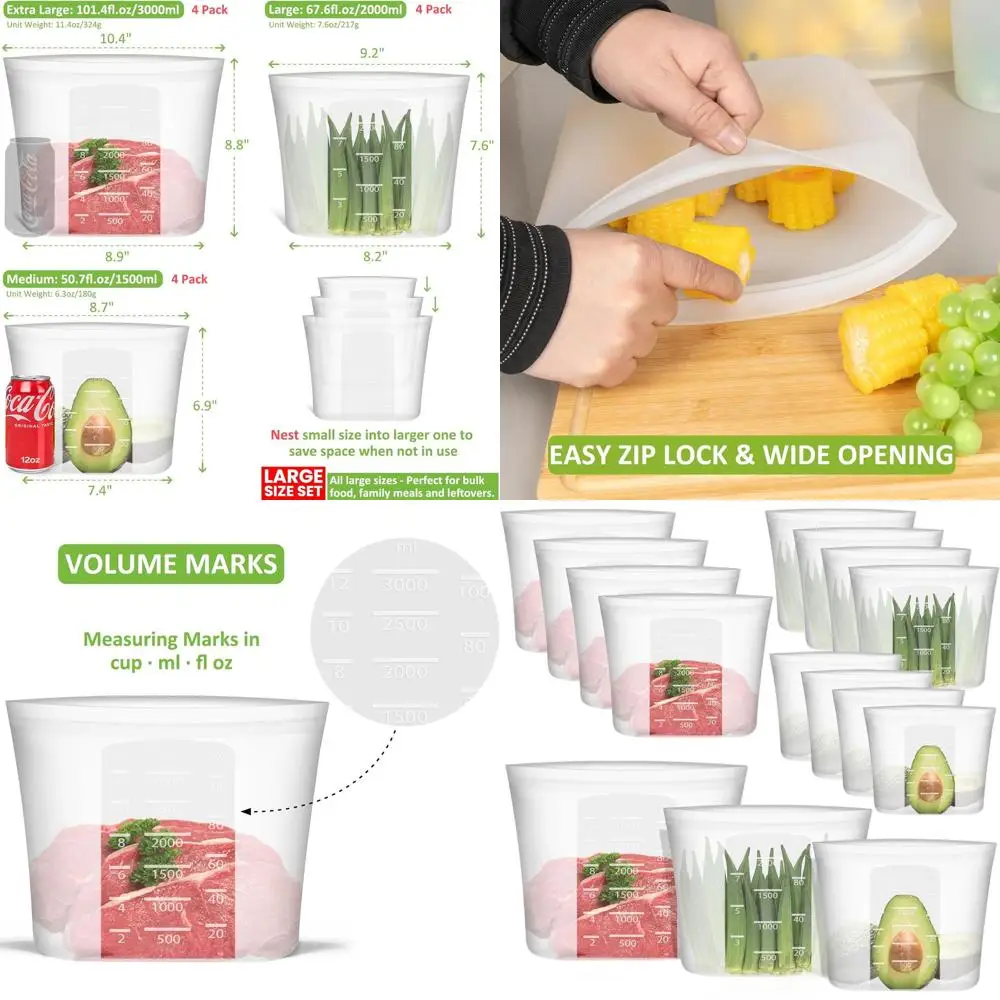 

Large Silicone Storage Bags Set, 12 Pack, 4 XL, 4 L, 4 M Sizes, Zip Lock, Freezer, Microwave, Dishwasher Safe