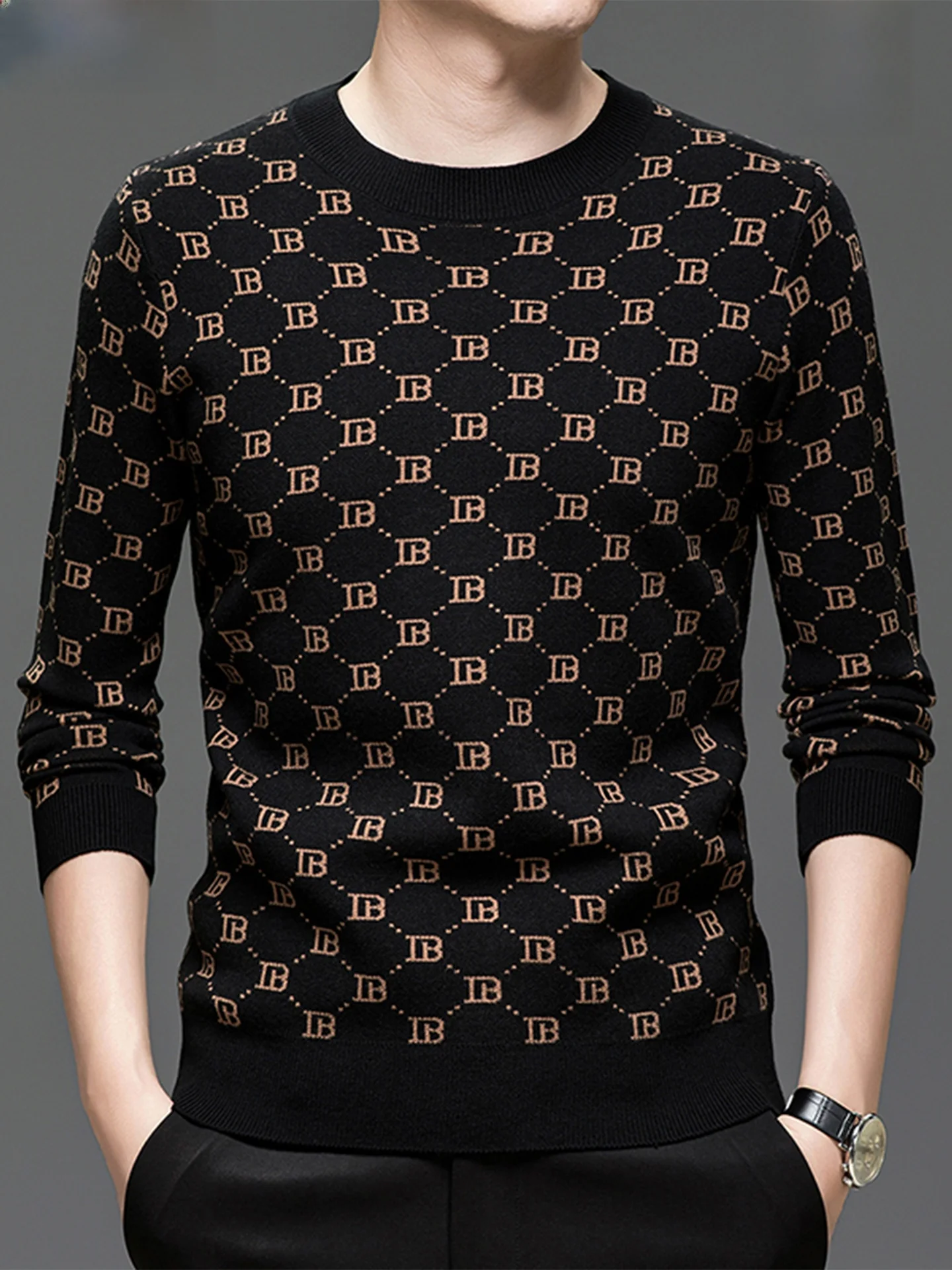 

Busin Casual Long Sve round Ne Knitted Sweater for Middle-Aged Men Dad Clothes Pure Color Polyester Fiber Polyester B...