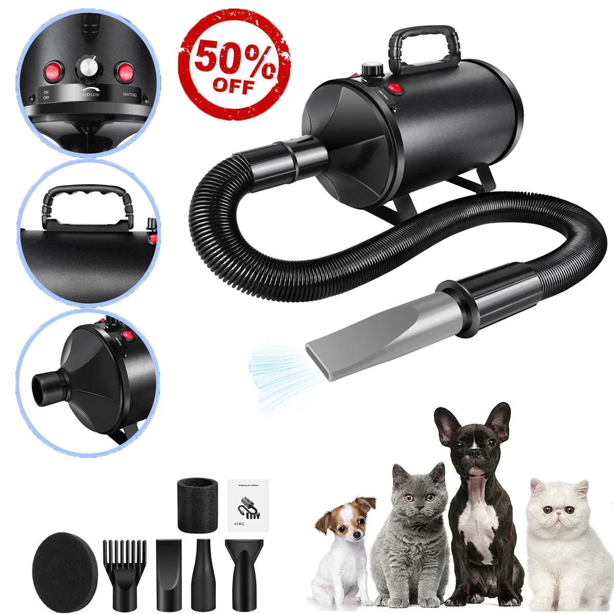 Secador de pelo para mascotas de 2800W, bajo nivel de ruido, con 2 velocidades y 2 niveles de temperatura 35 ° C y 65 ° Adecuado para gatos, perros y otras mascotas