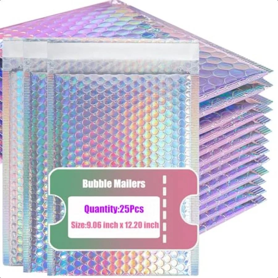 

25 PCS Holographic Bubble Mailers8.5x12 Inch Poly Padded Envelopes Metallic Bubble Mailers Waterproof Shipping Bags Self Sealin