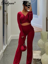 Dulzura Solid Casual Sexy 2 Piece Pants Set Long Sleeves Lace Up Nodycon Crop Top And Flare Pants Matching Set Streetwear Autumn