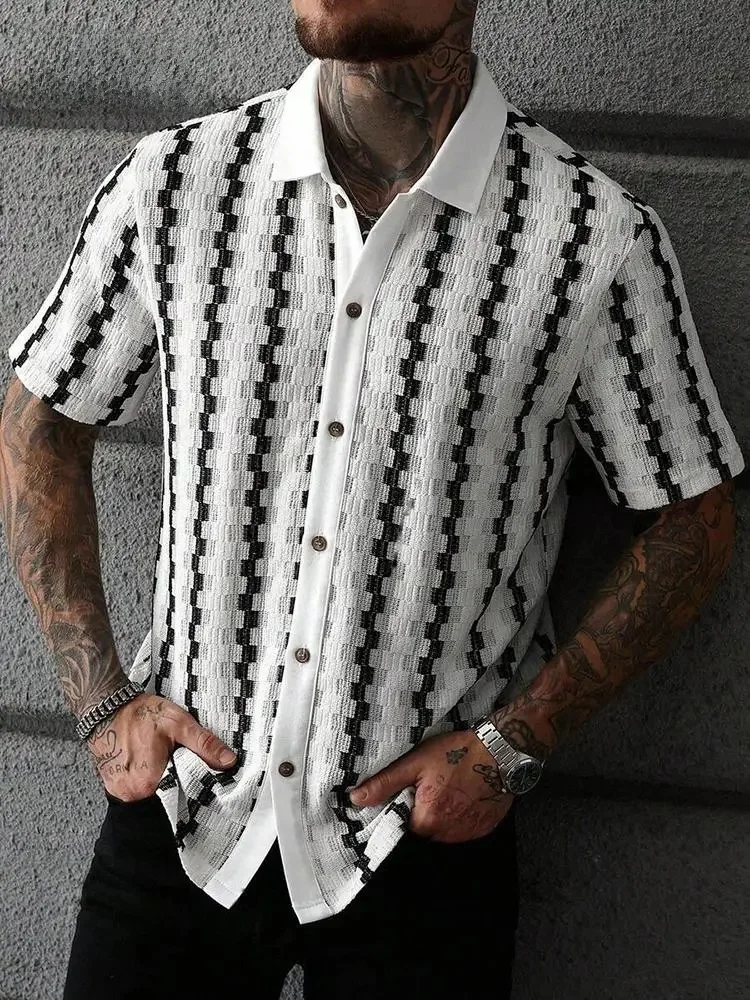 

Classic Plaid Striped Knitting Shirt Short Sleeve Buttoned Turn-Down Collar Mens Shirts Summer Vintage Slim Fit Knitted Cardigan