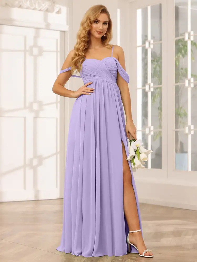 

Chiffon Sweetheart Spaghetti Straps A-line Ruched Long Bridesmaid Dresses Plain Floor-Length Backless Wedding Party Gowns