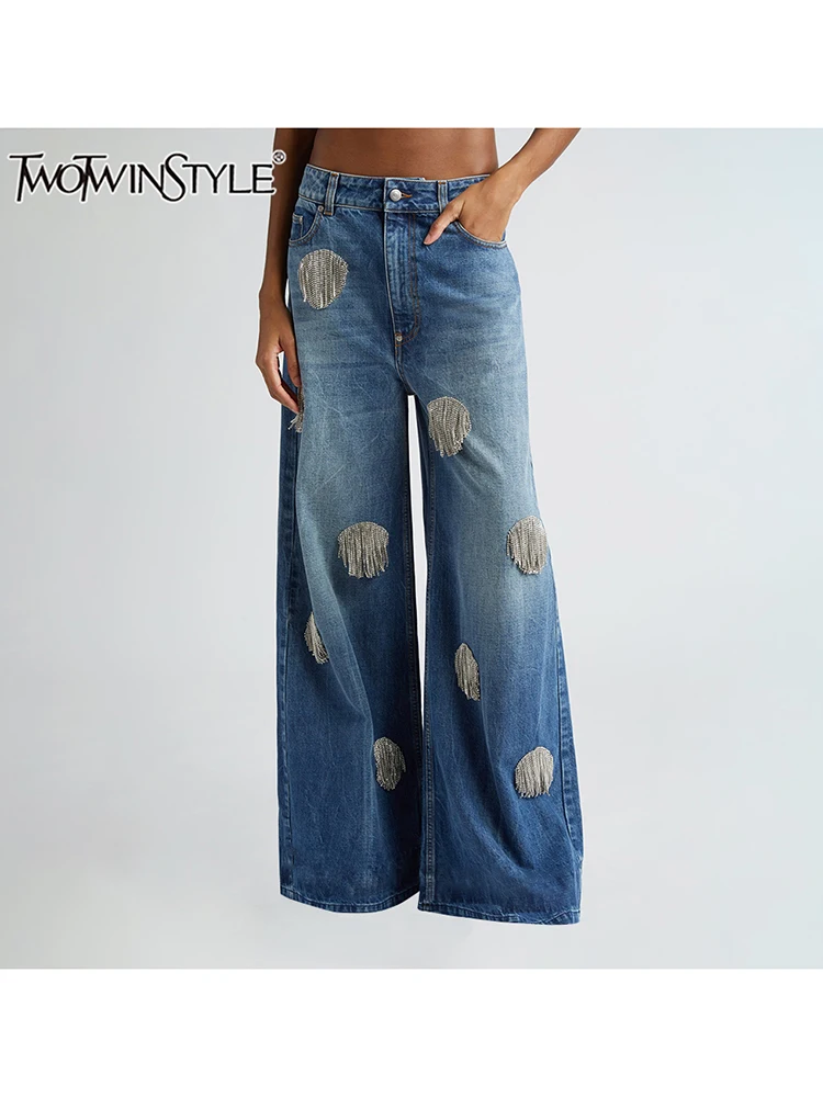 TWOTWINSTYLE Solid Patchwork Tassel Chic Denim Pants For Women High Waist Spliced Button Wide Leg Straight Pants Female Fashion