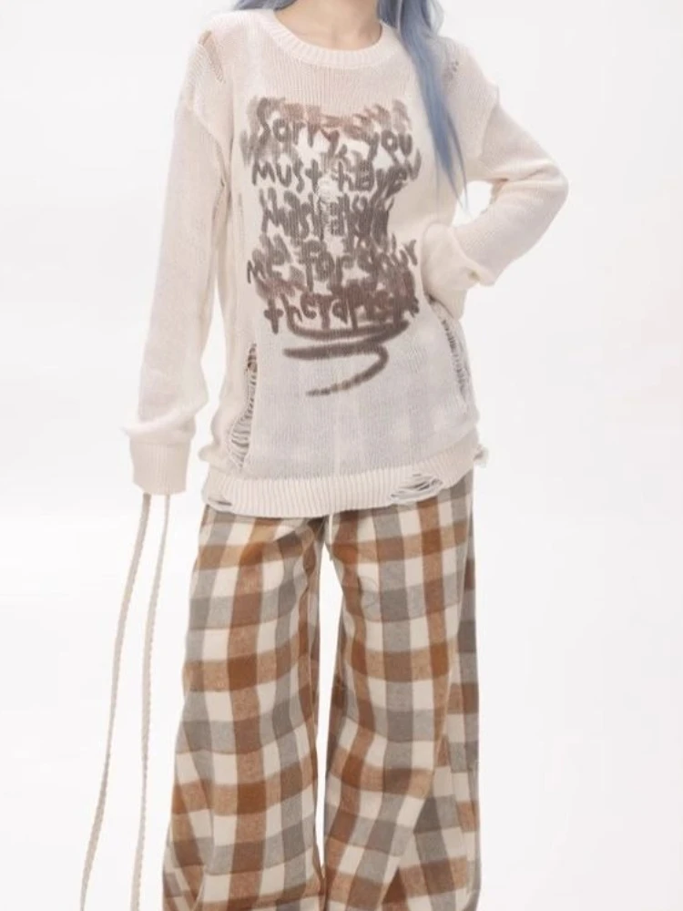 Y2k Punk Print T-shirt Grunge Esthetische Distressed Top Trashy Vintage Jaren 2000 Lange Mouw T-shirt Koreaanse Streetwear See Through Tee