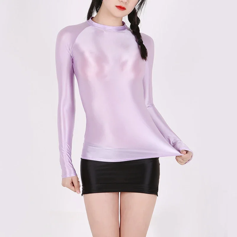 2022 Spring Summer Fashion Super Thin Breathable Slim Sports Tees Glossy Sexy Transparent Tight T-Shirt Elastic Solid Color Tops