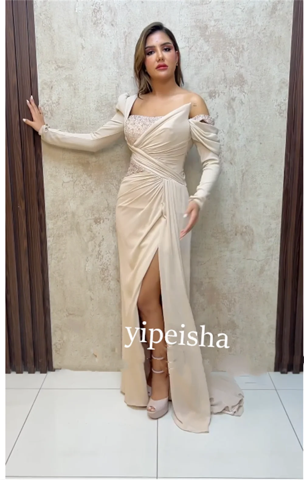 Satin Draped Pleat Beading Clubbing A-line One-shoulder Bespoke Occasion Gown Long Dresses