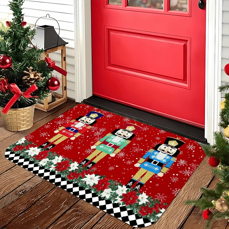 Nutcracker Christmas Welcome Doormat, Indoor Outdoor Flannel Machine Washable Mat for Multi-Room Holiday Decor