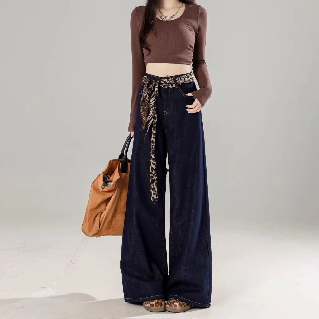 Damskie dżinsy Tannin w kolorze ciemnoniebieskim z szerokimi nogawkami, z wysokim stanem, o prostym kroju, luźne, zwiewne spodnie na wiosnę i jesień.