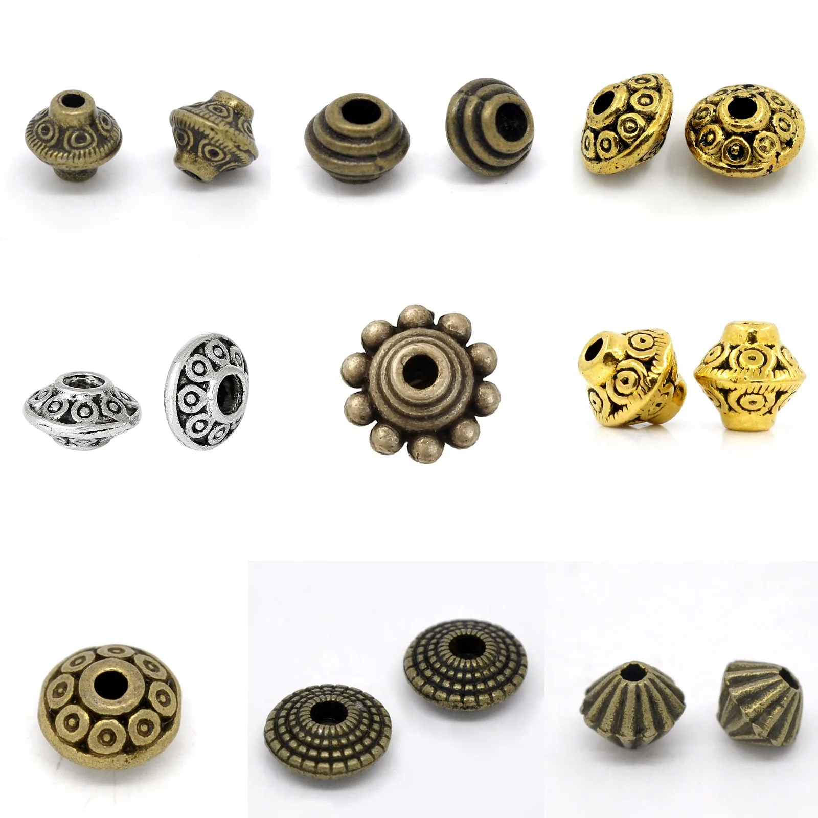 Vintage Loose Spacer Bead Bicone Flying Saucer Dot Carved Antique Bronze Color Metal Beads DIY Necklace Jewelry 30/70/100/200pcs