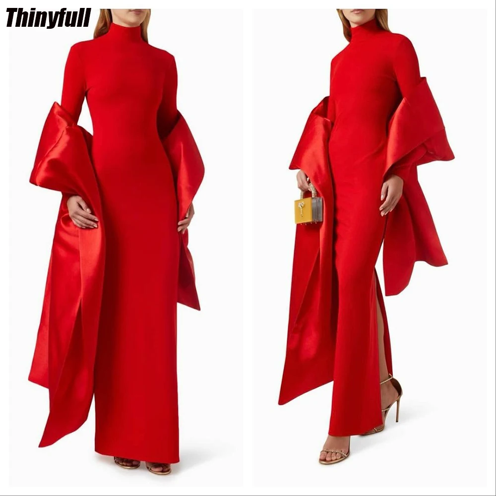 

Thinyfull Mermaid Prom Dresses High Neck Long Sleeves Evening Party Gown Dubai Satin Split Formal Occasion Dress Robe De Soirée