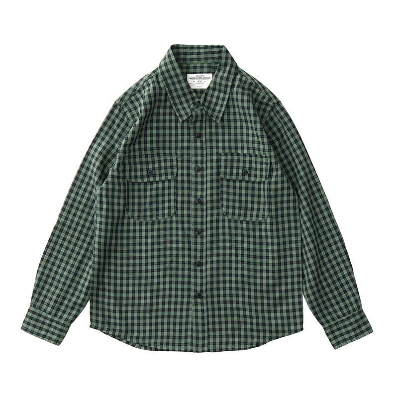 Casual shirt men American retro tooling breathable spring and autumn black and white green men long sleeve plaid shirt men