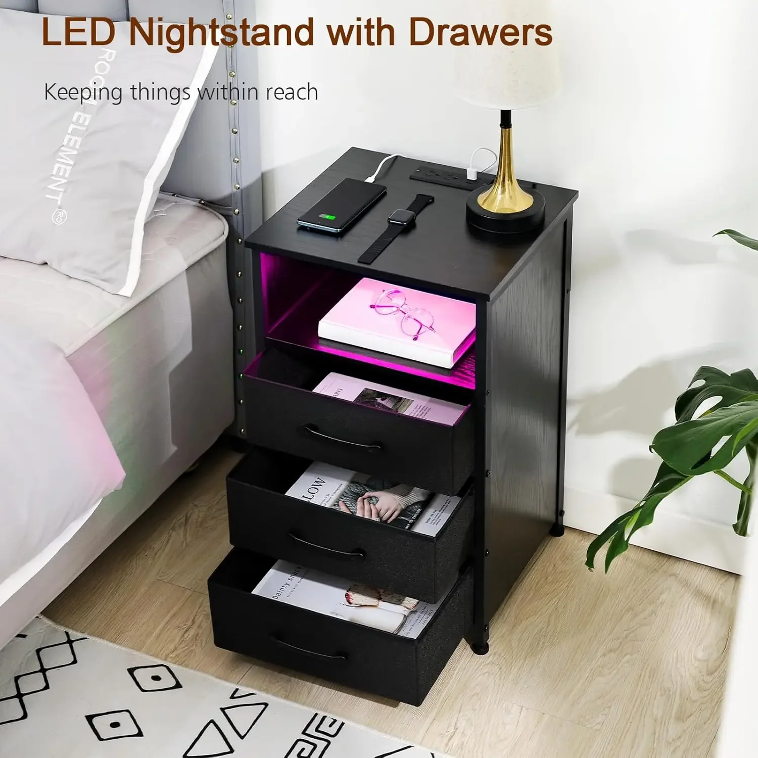 Nachttisch-Set 2, LED-Nachttisch mit Ladestation, Beistelltische mit 3 Stoffschubladen, Nachttisch mit USB Typ C P