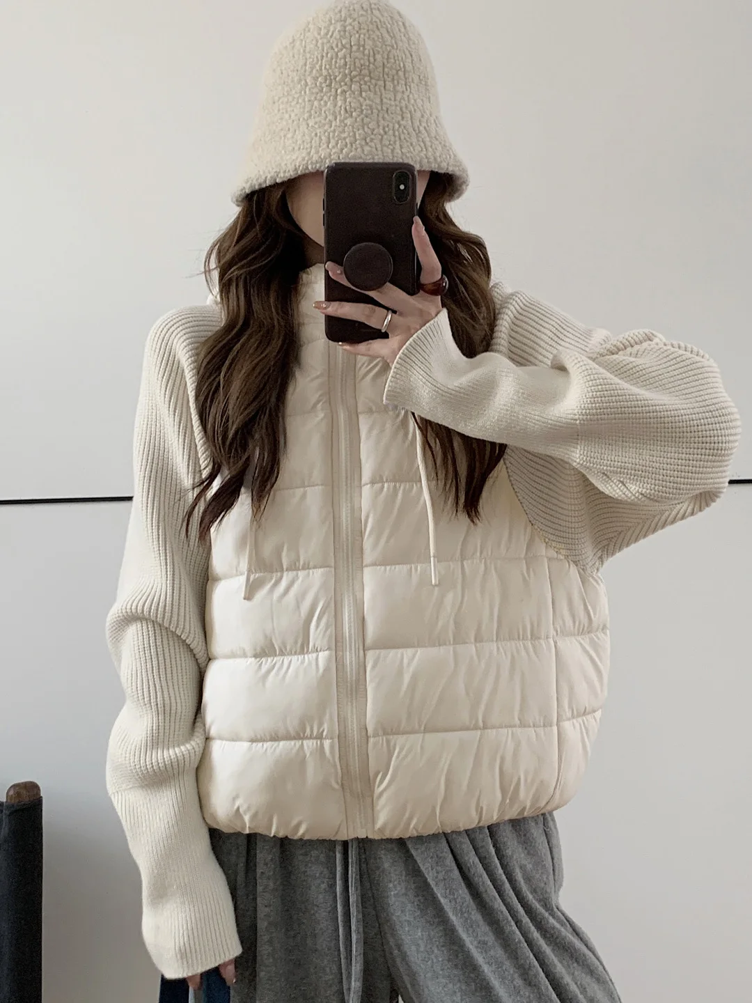 

Вязаный женский свитер-жакет с хлопковыми вставками и эффектом двухслойности, осенне-зимняя новинка, корейская версия