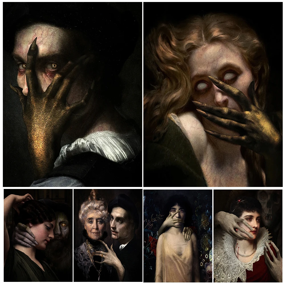 

The Girl And The Old Woman Controlled By The Devil,Vintage Wall Art Print,The Devil And The Woman Abstract Art Poster And Print