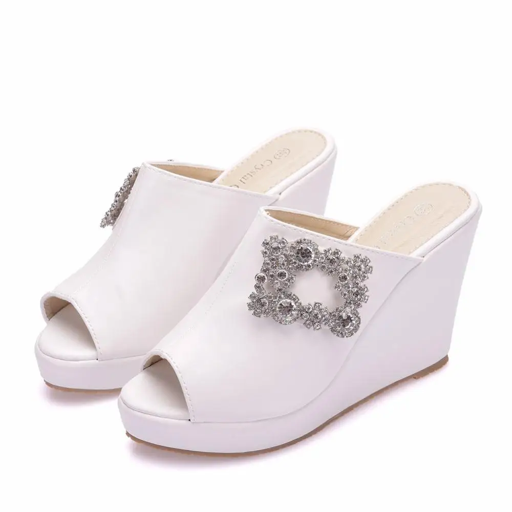 Crystal Queen Women Wedge White Shoes Wedding Stiletto Heels High Sandals Prom Party Platform