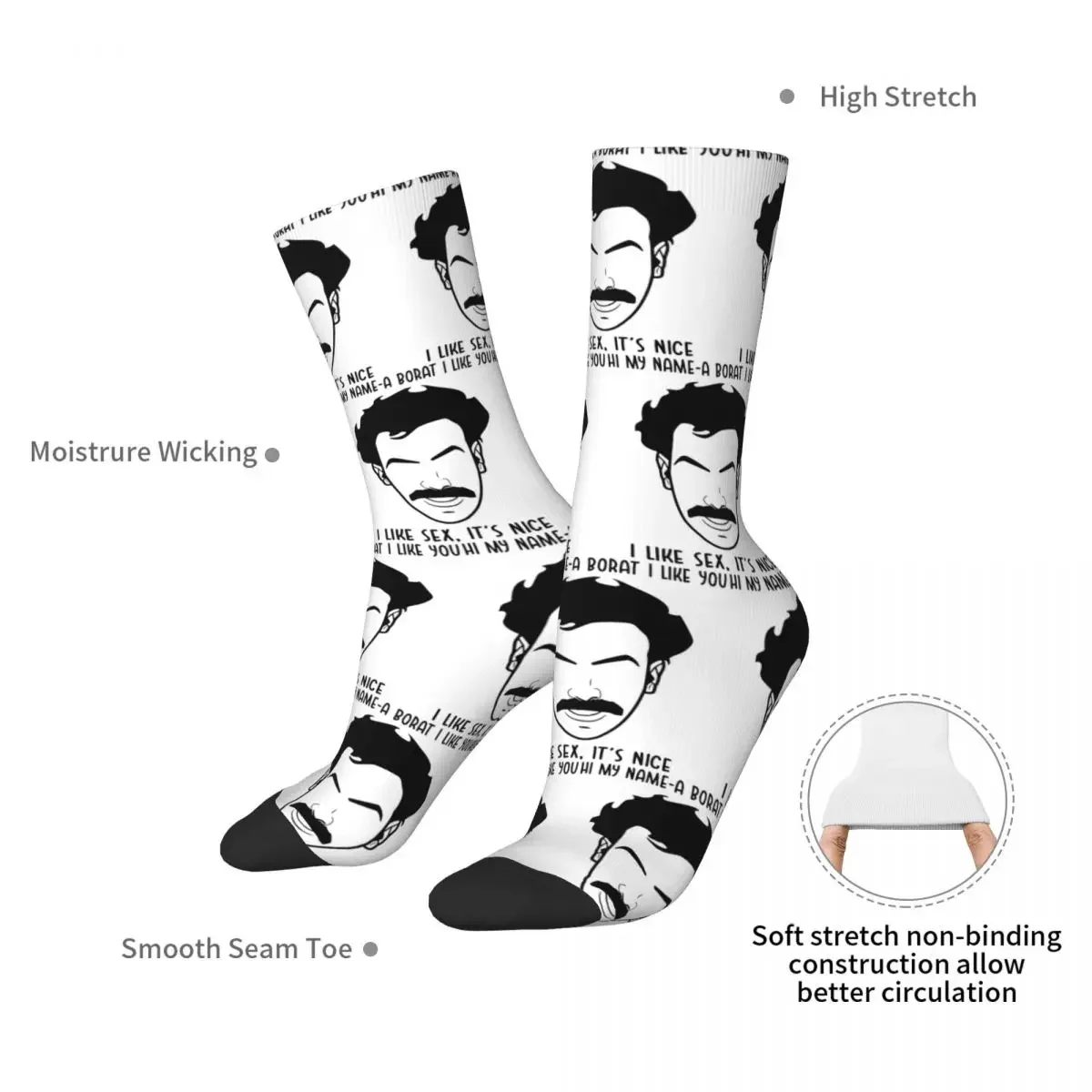 HI, My Name A Borat, I Like You Character Art Socks Harajuku High Quality Stockings All Season Long Socks for Unisex Gifts