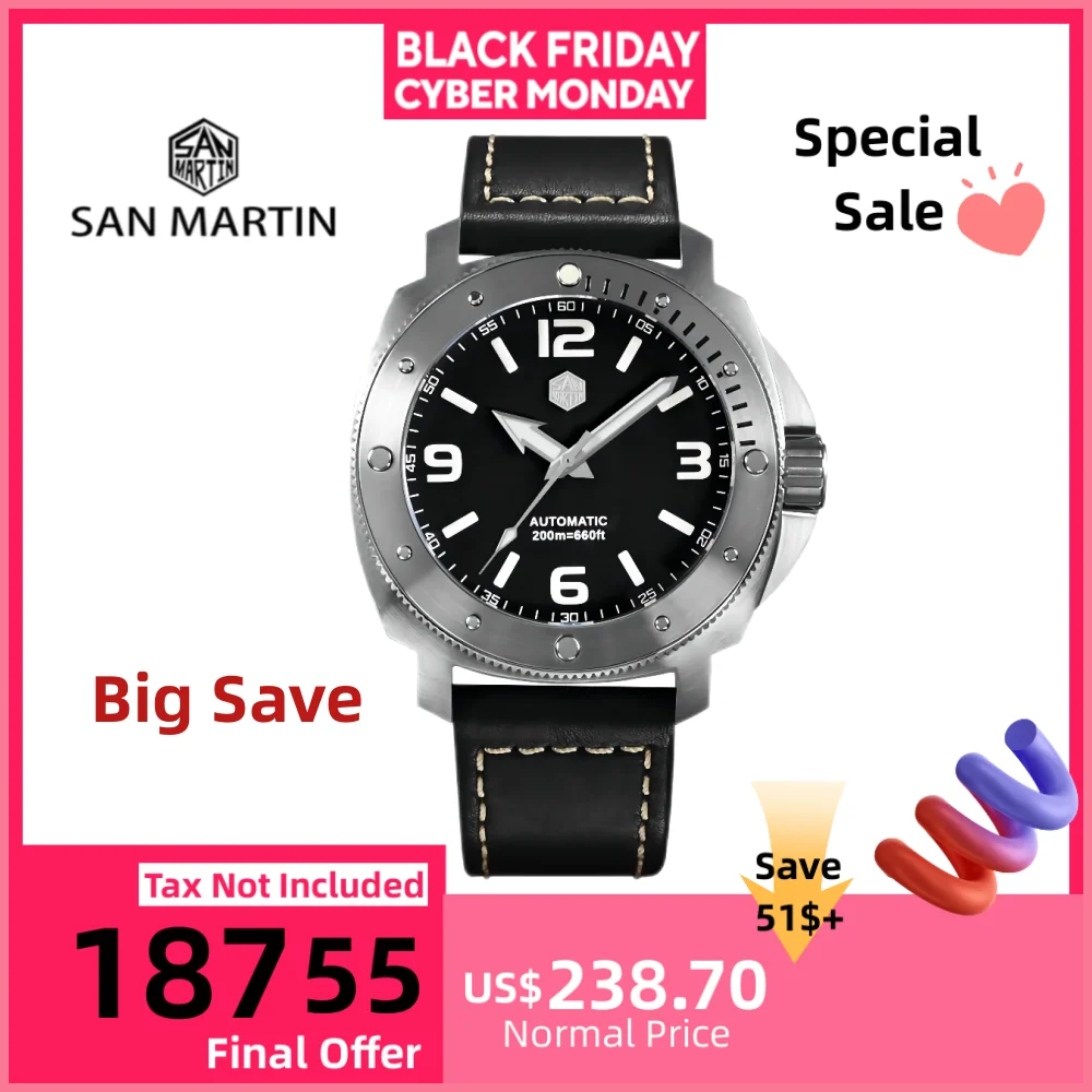 

San Martin 43mm 8215 8315 Dive Watches For Men Mechanical Automatic Waterproof 20Bar Retro BGW9 Luminous Sapphire SN0049 Guadare