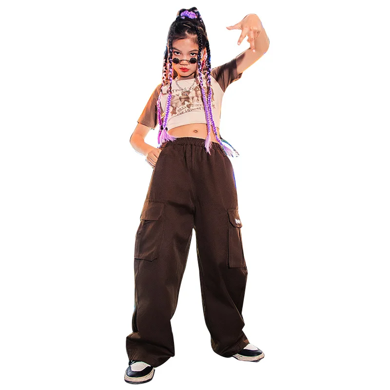 

Grils Teens Short Sleeve Slim Fit Navel T-shirt Cargo Pants Kids Hip Hop Jazz Dance Clothes Children Streetwear T Shirt Trousers