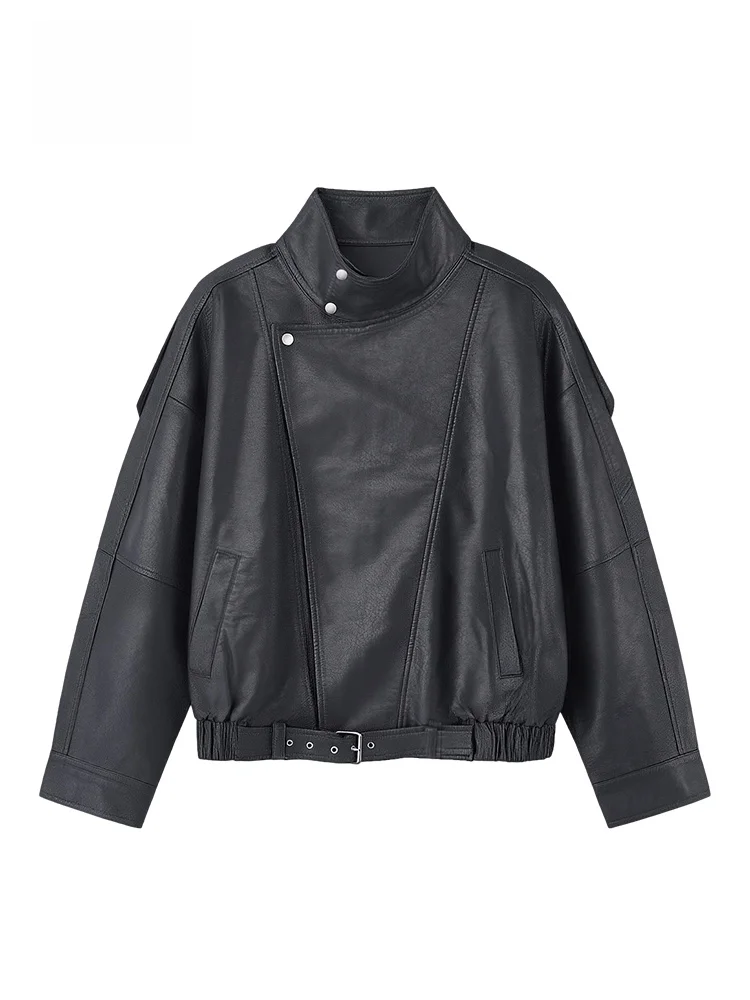 Jaqueta de Couro Feminina GOFAR com Gola Alta e Cordão Ajustável, Estilo Motoqueira, Elegante e Versátil, 4338