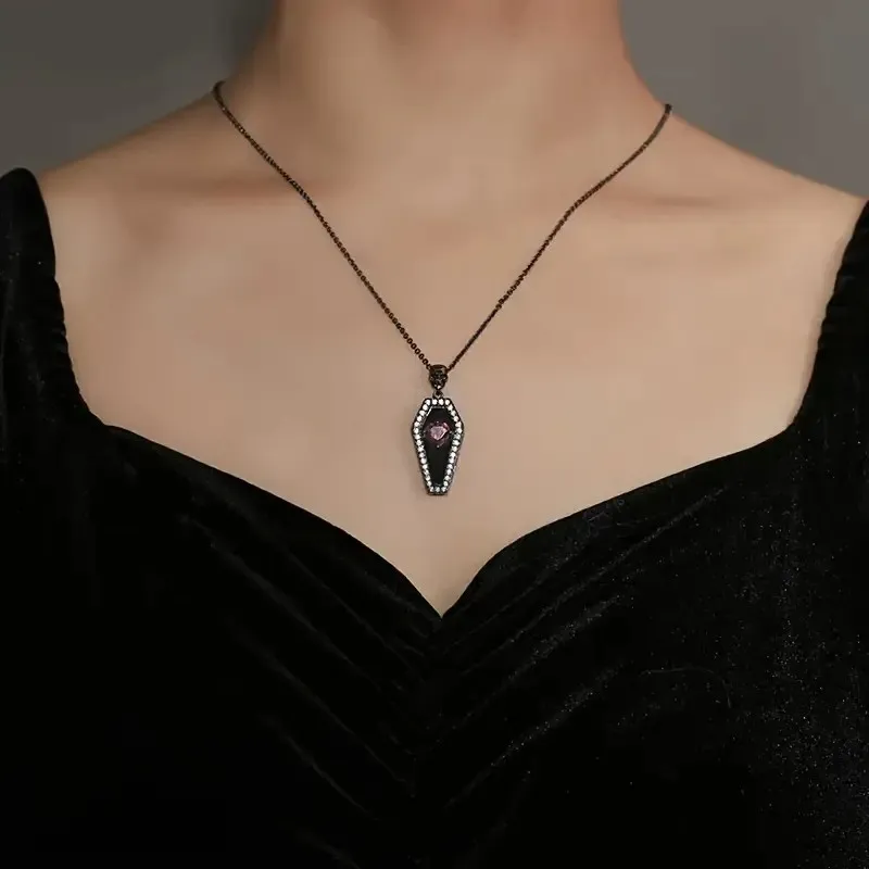 Vintage Gothic Coffin Pendant Necklace with Red Heart zirconia Skull Detail, Synthetic Stones, Copper Chain, Dark Plating - Vers