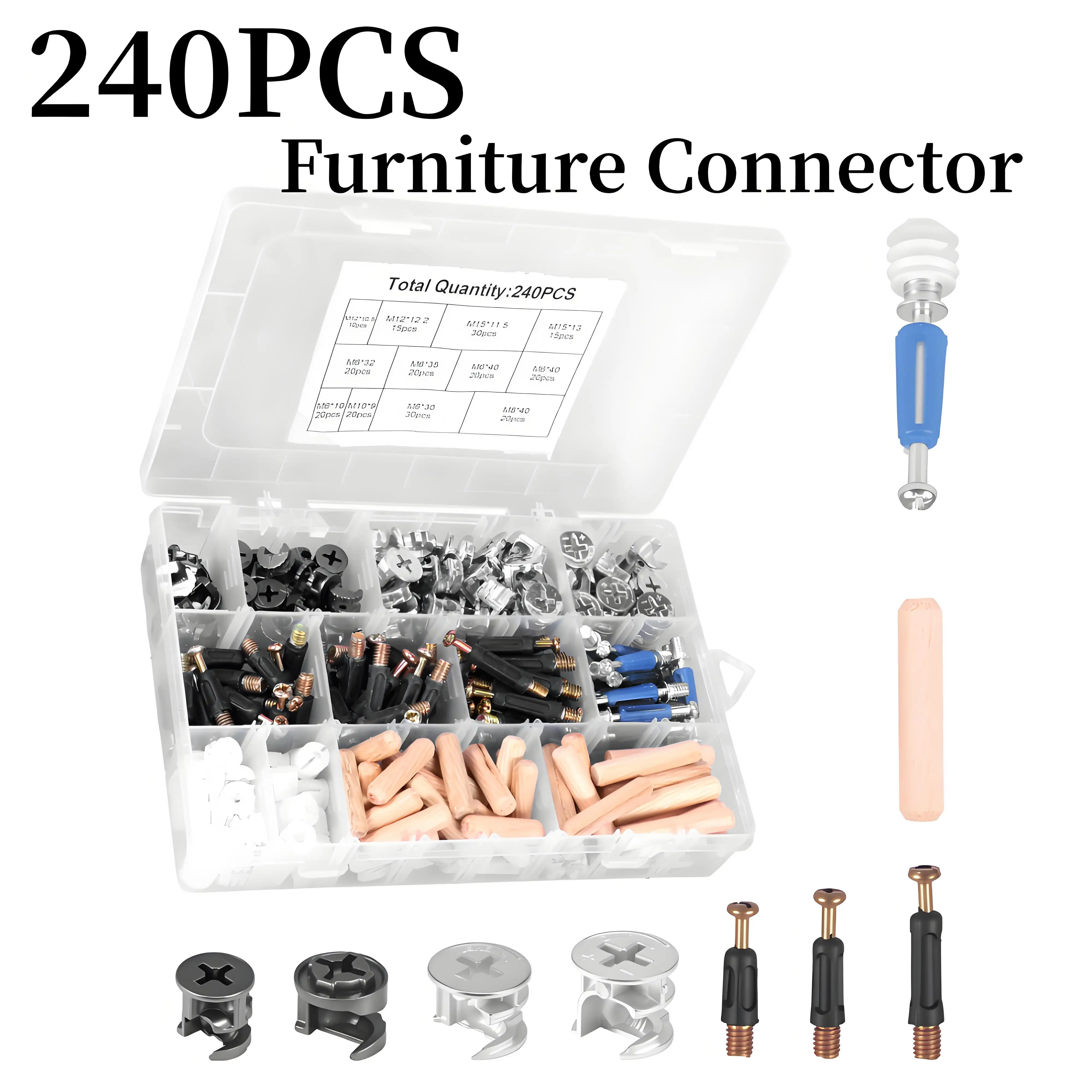 

240 шт. 3 в 1 мебельный соединитель, набор крепежных креплений, комплект эксцентриковых колес с деревянными дюбелями для шкафа, гардероба