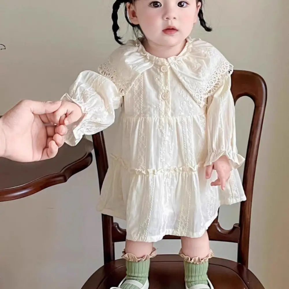 

Elegant Pleated Lace Princes Dress Loose Sweet Girls Long Dress Ballet Style A-line Children Long Sleeved Dress Holiday