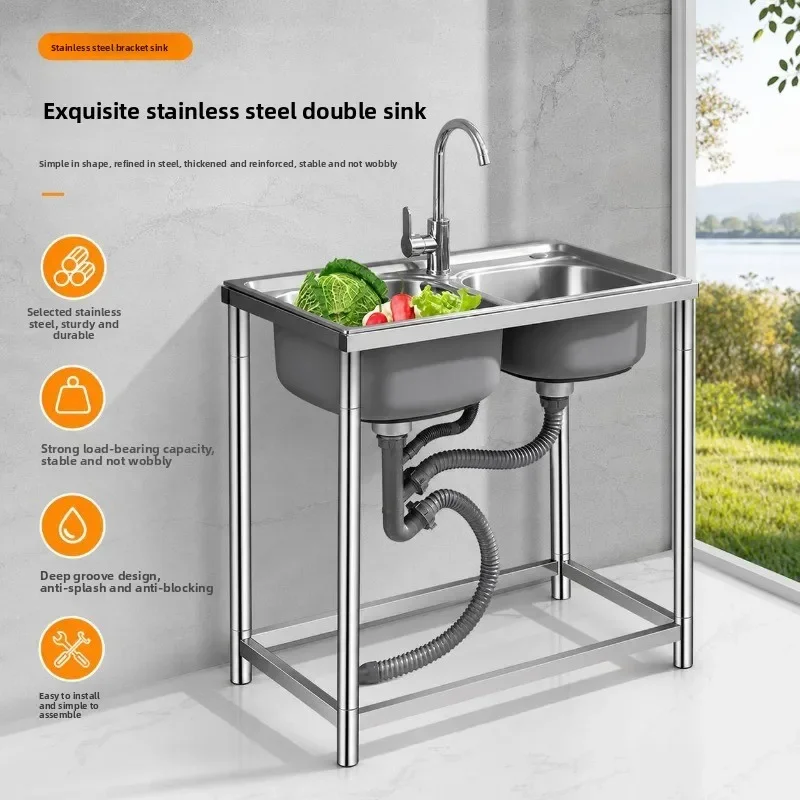 Stainless Steel Kitchen Sink Double Bowl Rack Reinforcement Frame Stainless Steel Sink Household Kitchen Washbasin Kitchen Sink