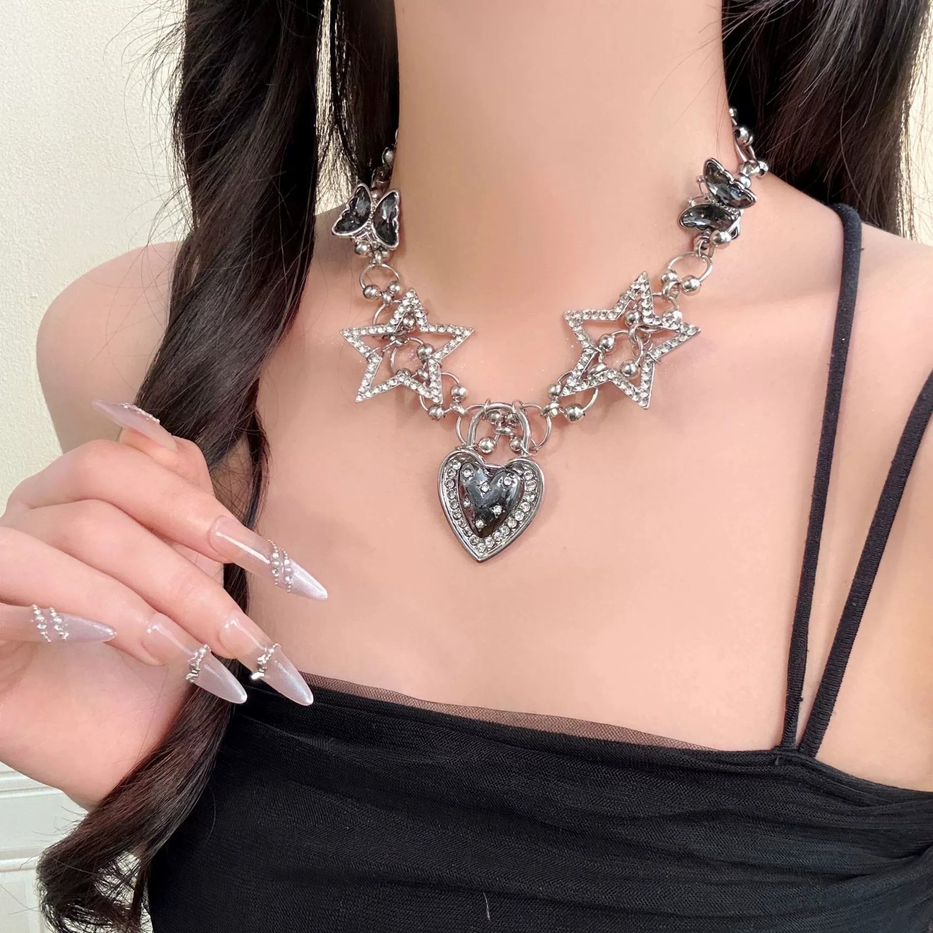 Goth Vintage Stern-Herz-Anhänger Choker-Halskette für Damen und Herren, Y2K-Charm, personalisierter Punk-Hip-Hop-Rock-Halsschmuck, Accessoires – Detail 2
