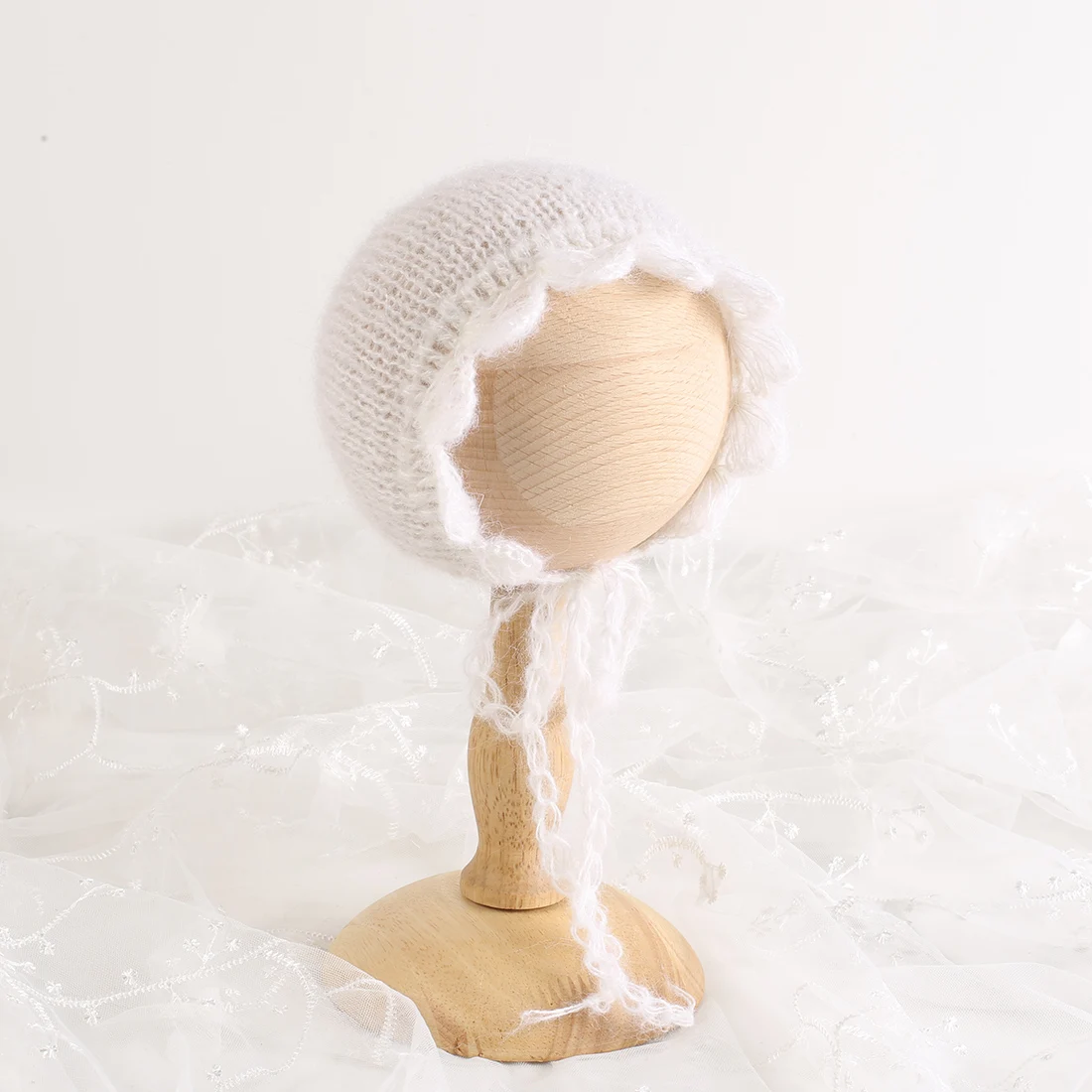 Vintage Newborn Knitted Stretch Fuzzy Rabbit Bonnet Photography Props Crochet Mohair Weaving Flowers Pattern Photo Shoot