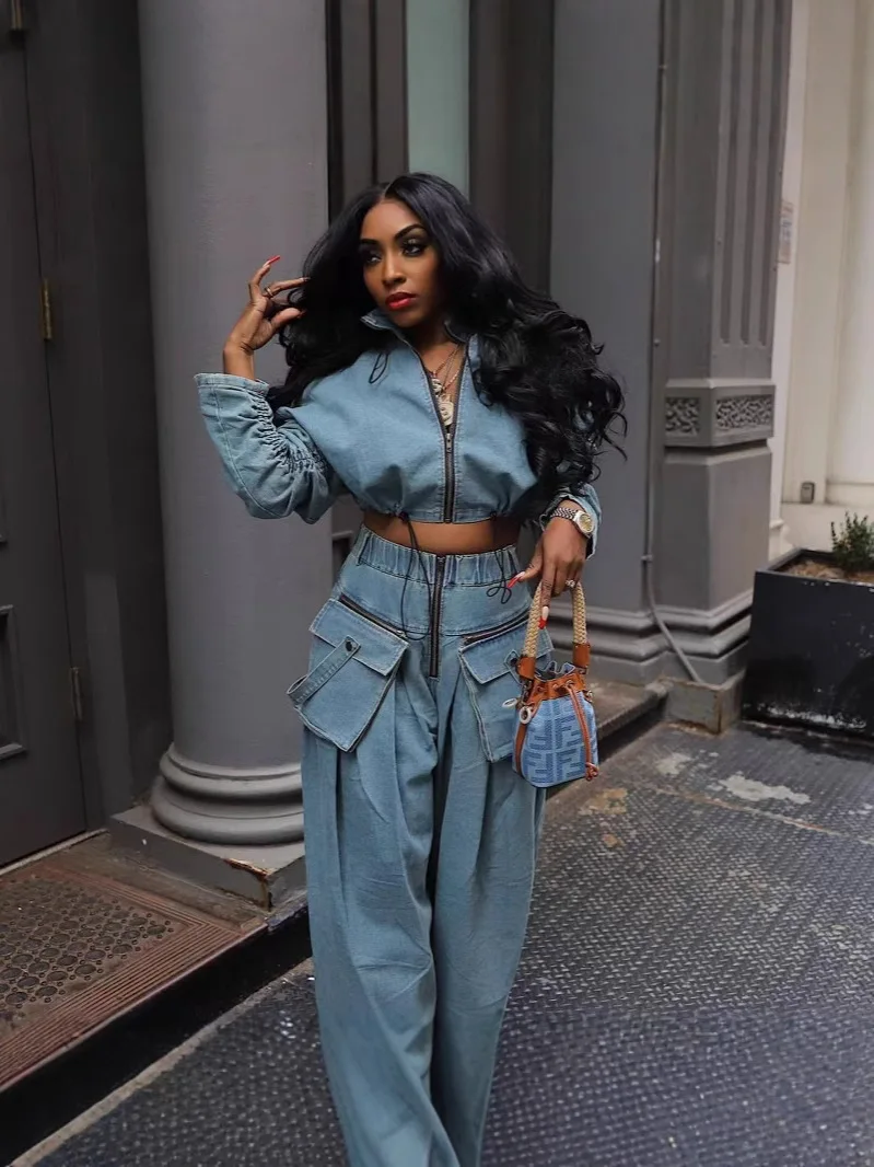 Denim 2 Piece Sets Women Vintage Wide Leg Pants Coat Outfits Zipper Pockets High Waist Floor Length Ensemble Streetwear Suit