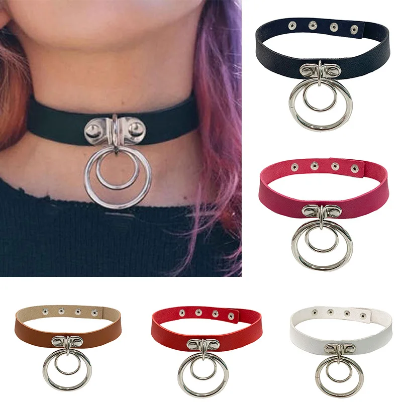 hot sale PU leather European and American rock punk nightclub hip-hop double ring leather collar neck strap collarb