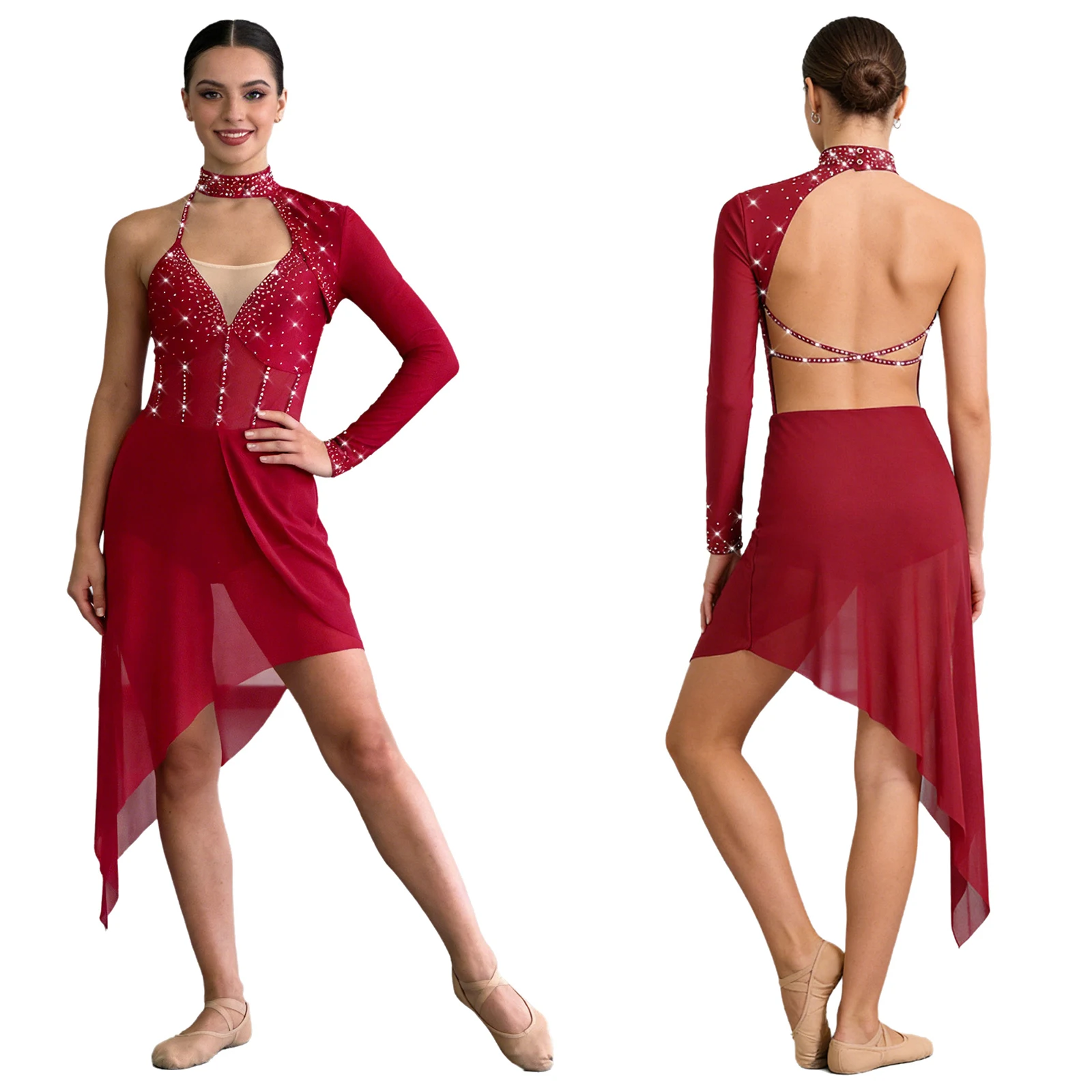 

Женское платье для лирического и современного танца с блестящими стразами, на одно плечо, с открытой спиной, асимметричное, сетчатое, для фигурного катания