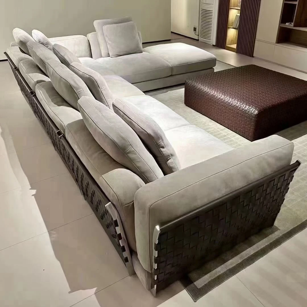 Modern Luxury Design Aluminum Saddle Leather Modern Fabric Upholstered Italian Couch Hotel Villa Living Room Sofa Set
