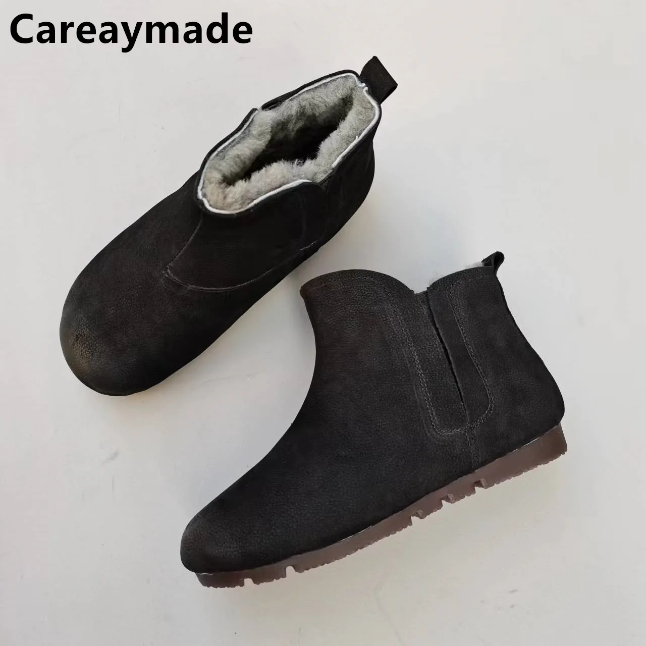 Careaymade-Genuine leather wool women's boots warm cotton flat soft sole winter anti slip man single short boots big size 35-45