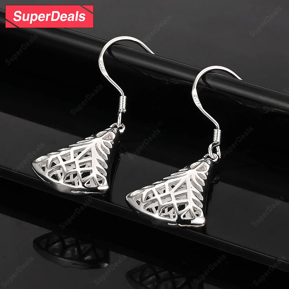 

SuperDeals 925 Sterling Silver Hollow Fan-shaped Drop Earrings High Quality Jewelry Women Charm Wedding Engagement Party Gift