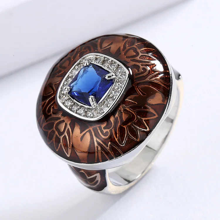 Domineering Sapphire Ring 925 Stamp Creative Brown Men's Ring Handmade Enamel Jewelry Engagement Party Gift